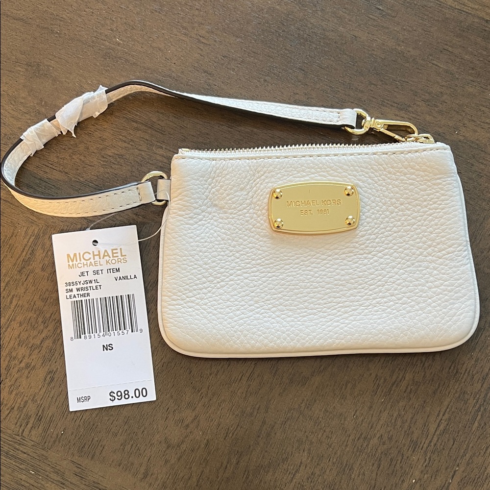 Michael Kors White Leather Wristlet with Gold Accents